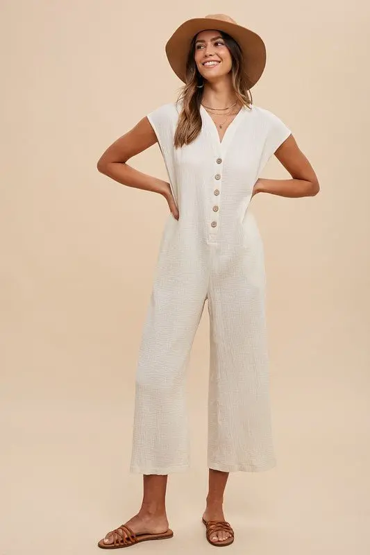 Cream Button-Down Jumpsuit